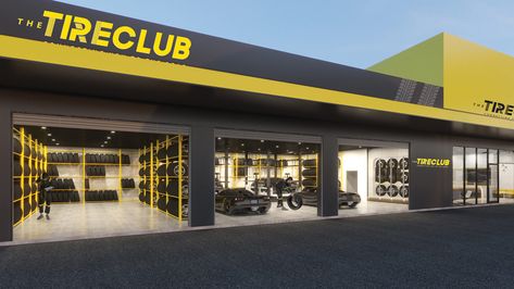 TYRE CLUB | Saudi Arabia – Redesign Group Car Showroom Design, Retail Branding, Garage Design Interior, Car Wash Business, Modern Restaurant Design, Tire Shop, Garage Furniture, Jeddah Saudi Arabia, Shop Facade