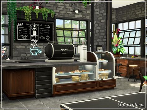 Student Cafe Design, Sims 4 Cafe Layout, Sims 4 Cafeteria Cc, Sims4 Cafe Cc, Sims Coffee Shop, Sims Cafe Ideas, Sims 4 Cafe Cc Patreon, Coffee Shop Sims 4, Sims 4 Cc Cafe Furniture