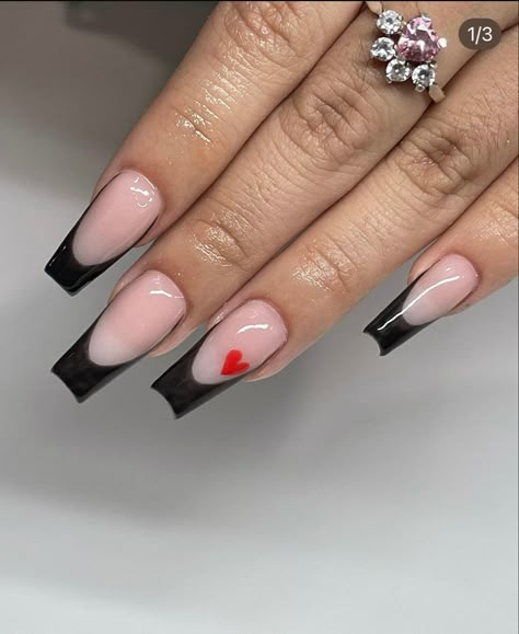 Coffin French Tip Valentines Nails, Black And Heart Nails, Black Nail Heart Design, Black French With Red Hearts, Almond French Tip Black Nails, Birthday French Tip Nails Almond, Black With Heart Nails, Black Cdg Nails, Black French Tip Heart Nails