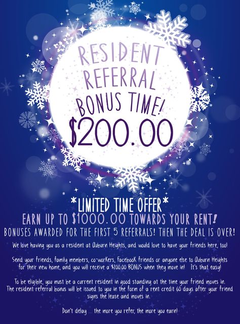 Auburn Heights Apartments - Pontiac MI - Resident Referral Bonus Incentive Resident Referral Flyer, Referral Ideas, Property Management Marketing, Christmas Party Invitations Free, Resident Retention, Marketing Gifts, Resident Events, Apartment Marketing, Apartment Management