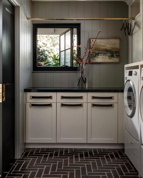 White Laundry Rooms, Laundry Room/mud Room, White Laundry, Laundry Room Inspiration, Herringbone Floor, Cabinetry Design, Laundry Mud Room, Utility Rooms, Updating House