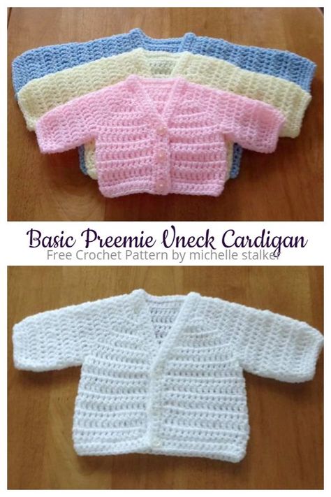 Basic Preemie V-neck Cardigan Free Crochet Patterns Premie Crochet Sweater Pattern, Crochet Preemie Cardigan Patterns Free, Crochet Premie Clothes Free Pattern, Newborn Crochet Cardigan Pattern Free, Crochet Baby Sweaters Free Patterns Boy, Premature Crochet Patterns, Crochet Newborn Vest Free Pattern, Crochet Premie Clothes, Crochet Doll Cardigan Free Pattern