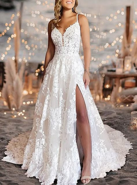 Beach Mature Wedding Dresses A-Line Camisole Sleeveless Court Train Lace Bridal Gowns With Pleats Split Front 2024 2024 - $209.99 Wedding Dresses A Line, Dream Wedding Decorations, Cheap Wedding Dresses Online, Pretty Wedding Dresses, Cute Wedding Dress, Top Wedding Dresses, Dream Wedding Ideas Dresses, Lace Bridal Gown, Wedding Boho