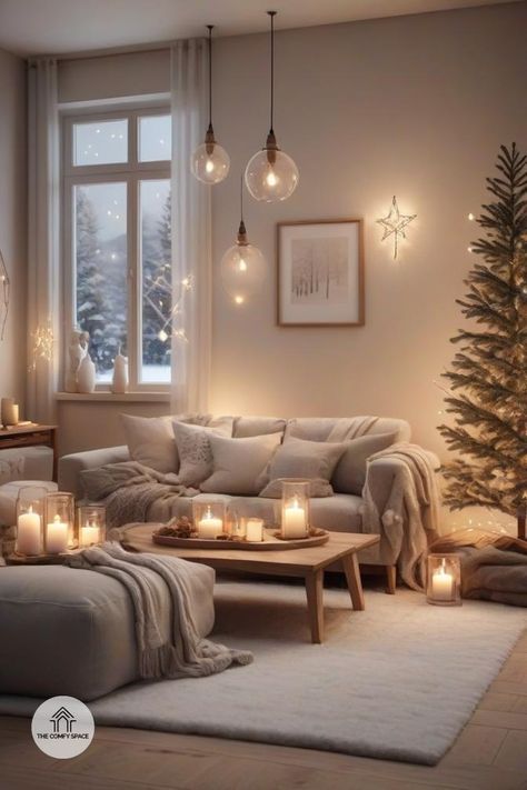 Ever wondered how to turn your living room into a cozy winter retreat? Start with warm lighting! Layer your lights with fairy lights, candles, and elegant fixtures. Don't forget to mix in some natural elements for that perfect touch. Your space will be ready for holiday gatherings or a snug night in. Let's make this winter unforgettable with the right ambiance!#WinterWonderland #CozyVibes #HomeDecor #LightingInspiration #WinterNights Hygge Home Aesthetic, Hygge Interior Design, Hygge Interior, Calm Home, Comfy Space, Cozy Living Room Ideas, Winter Retreat, Warm Lighting, Hygge Home