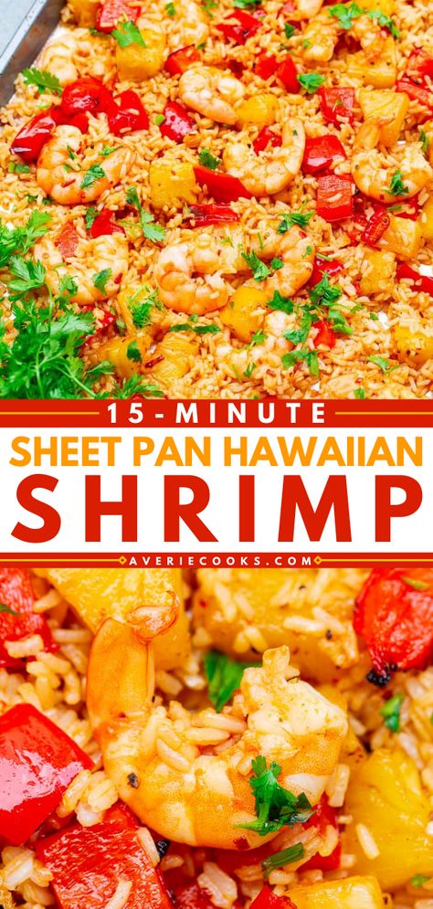 Hawaiian Sheet Pan, Hawaiian Shrimp, Baked Teriyaki Chicken, Shrimp Scampi Pasta, Scampi Pasta, Teriyaki Chicken And Rice, Pan Shrimp, Honey Barbecue, Averie Cooks