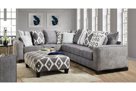 Viewpoint from Gardner-White Furniture Charcoal Sectional Living Room, Living Room Blue Accents, Pattern Ottoman, Charcoal Sectional, Sectional Living Room, Gray Couch, Living Room Blue, Grey Couch, Grey Sectional Sofa