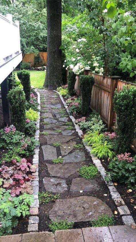 A stepping stone pathway leading to a backyard landscape renovation with colorful plants for shade Shade Landscaping, Shade Garden Design, Narrow Garden, Side Yard Landscaping, Shade Garden Plants, Cottage Garden Design, Backyard Landscape, Lawn And Landscape, Side Garden