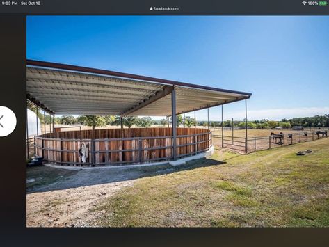 Barn Living Quarters, Covered Round Pen, Horse Boarding Facility, Horse Training Facility, Covered Outdoor Riding Arena, Simple Outdoor Horse Arena, Outdoor Arena Horses, Horse Arena With Stalls, Round Pens For Horses