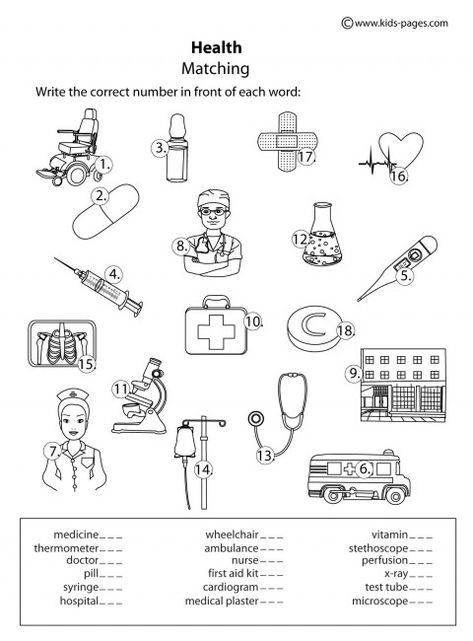 Kids Pages - Health Matching B&W Worksheets 1st Grade, Sixth Doctor, First Aid For Kids, Matching Worksheets, Health Activities, Kids Pages, 1st Grade Worksheets, Health Lessons, Science Worksheets