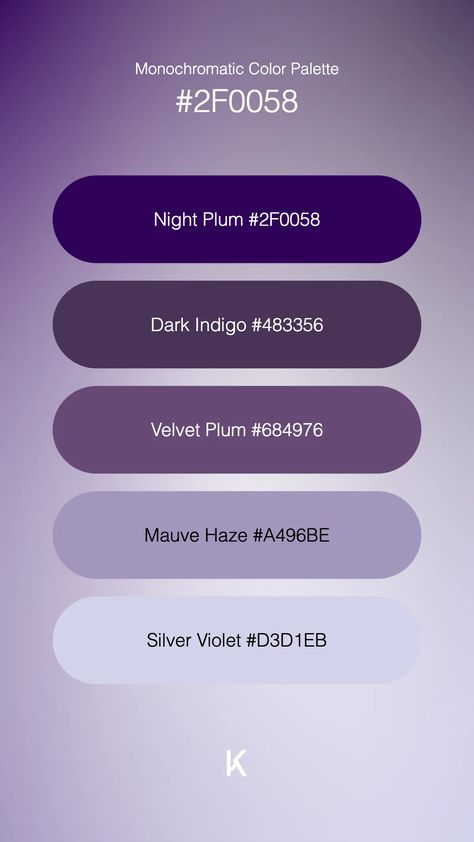 Monochromatic Color Palette Night Plum #2F0058 · Dark Indigo #483356 · Velvet Plum #684976 · Mauve Haze #A496BE · Silver Violet #D3D1EB Silver Color Palette, Monochrome Color Palette, Purple Palette, Colour Pallets, Monochromatic Color Palette, Hex Color Palette, Color Meanings, Midnight Sky, House Paint