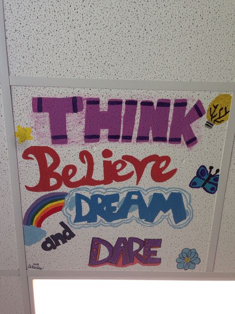 Painted ceiling tile in classroom. Kids are going to do the same , too! Painting Ceiling Tiles Classroom Ideas, School Tile Painting, Ceiling Tile Design School, Ceiling Tile Ideas Painting School Easy, Ceiling Tile Art School, Painted Ceiling Tiles Ideas, Ceiling Tiles Ideas Painting, Senior Ceiling Tiles, Ceiling Tile Painting Ideas School