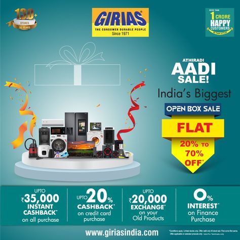 🏡💨✨ Upgrade your home with Girias! 💻📺 Enjoy amazing discounts of 20%-70% off on electronics & home appliances. 🛒🔌 Plus, relish up to 35,000 instant cash back. 💸🎁 For more savings, use your credit card to get an extra 20% back. 💳💰 Save big! 🤩🎉 Find nearest Girias Store here: https://www.giriasindia.com/stores #Girias #HomeUpgrade #Electronics #Appliances #Discounts #CashBack #SaveBig Note: Offer Valid for TamilNadu Only Promotion Design, Electronic Appliances, Hinduism Art, Instant Cash, Food Ads, Promotional Design, Design Posters, Upgrade Your Home, Home Upgrades