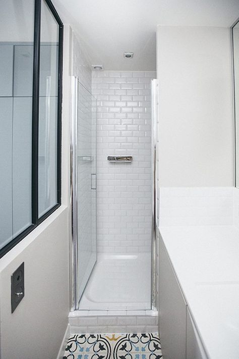 Photo of bathroom with narrow walk-in shower. Small Shower Stalls, Blue Shower Tile, Shower Stalls, Small Shower, Walk In Shower Enclosures, Small Bathroom With Shower, Narrow Bathroom, Steam Showers Bathroom, Small Bathrooms