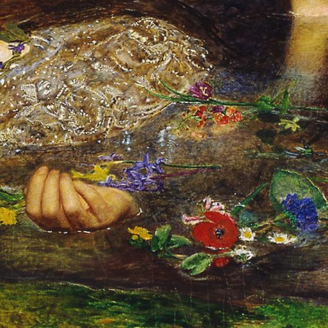 Pre Raphaelite Art: Ophelia (detail) by John Everett Millais. Tate Britain. 1851. Millais Ophelia, John Everett Millais Ophelia, Ophelia Painting, Everett Millais, Pre Raphaelite Paintings, John Everett Millais, Royal Academy Of Arts, Pre Raphaelite, Language Of Flowers