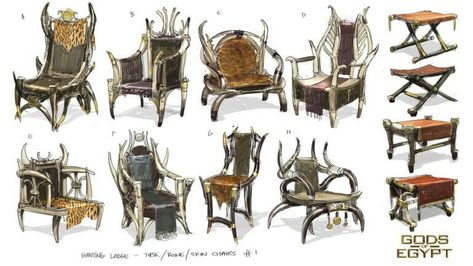 Jeremy Love Gods of Egypt |  Hunting Lodge Chair Design Chair Concept Art, Egyptian Throne, Bugatti Furniture, Chair Concept, Fun Popcorn, Props Design, Location Design, Chair Drawing, Gods Of Egypt