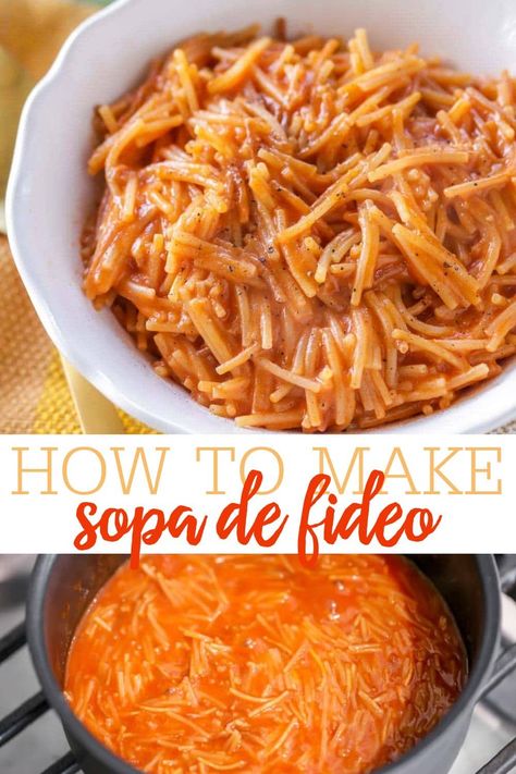 This quick, simple and delicious Sopa (soup) de fideo is a family favorite. It's also cheesy and flavorful! Just 5 Ingredients and you'll have dinner in no time. #sopadefideo #sopa #cheesysopa Fideo Recipe, Week Meals, Lil Luna, Mexican Soup, Vegetarian Soup, Soup And Sandwich, Mexican Food Recipes Authentic, Mexican Dishes, Noodle Soup