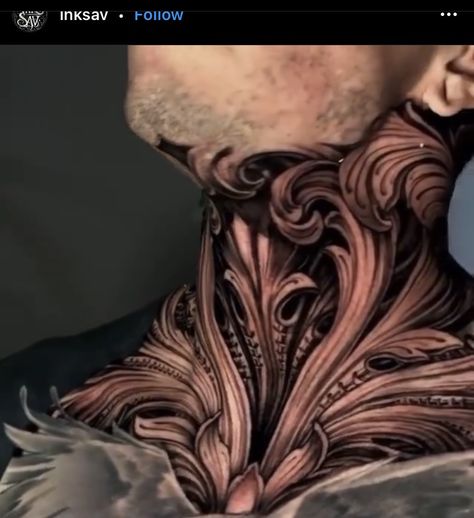 Chest And Neck Tattoo Men Ideas, Best Throat Tattoos Men Design, Chest To Neck Tattoo Men, Full Throat Tattoo Men Design, Viking Throat Tattoo Men, Whole Neck Tattoo, Victorian Throat Tattoo, Filigree Throat Tattoo, Mens Filigree Tattoo Neck