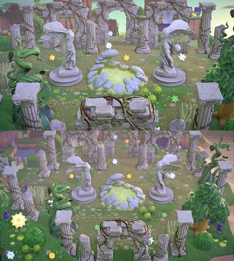 Acnh Back Island Ideas, Acnh Museum Exterior Ruins, Magic Acnh Island, Acnh Entrance Inspiration Fairy, Acnh Statue Ideas, Acnh Lotr Island, Acnh Castle Ruins, Fairycore Ideas Acnh, Greek Mythology Animal Crossing