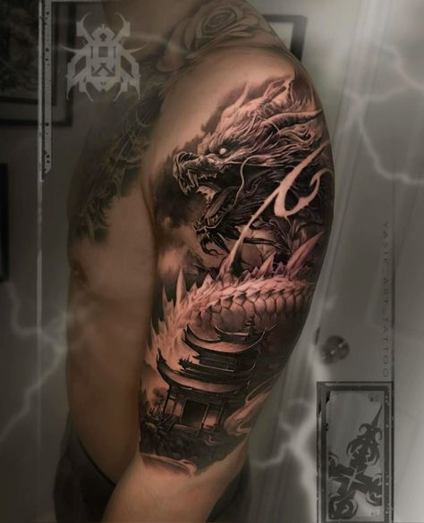 Arm Dragon Tattoo, Dragon Arm Tattoo, Flying Phoenix Tattoo, Dragon Tattoo Shoulder, Dragon Samurai, Japanese Hand Tattoos, Most Beautiful Tattoos, Dragon Head Tattoo, Shoulder Movement