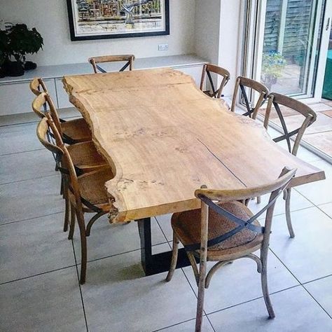 Single Slab Live-Edge Oak Dining Table by Handmade in Brighton at Private Residence, London Kitchen Table Metal, Metal Interior Design, Wood Slab Dining Table, Metal Interior, Wood Dining Room Table, Wood Table Design, Slab Table, Live Edge Dining Table, Metal Dining Table