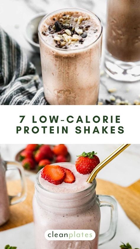 7 Low-Calorie Protein Shakes That Still Fill You Up Protein Smoothie Low Calorie, Healthy Low Cal Smoothies, 200 Calorie Protein Shake, Low Calorie Breakfast Smoothie Recipes, Low Calories High Protein Shakes, Protein Shakes Low Calorie, Healthy Protein Shakes Recipes, Calorie Deficit Smoothie, Low Calorie Meal Replacement Shakes