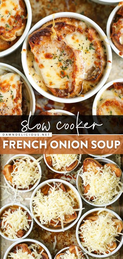 SLOW COOKER FRENCH ONION SOUP, fall, comfort food Slow Cooker French Onion Soup, Food For Dinner, Onion Soup Recipes, Fall Soup Recipes, Crockpot Soup Recipes, Soup Recipes Slow Cooker, Fall Dinner Recipes, Crockpot Recipes Slow Cooker, Slow Cooker Soup