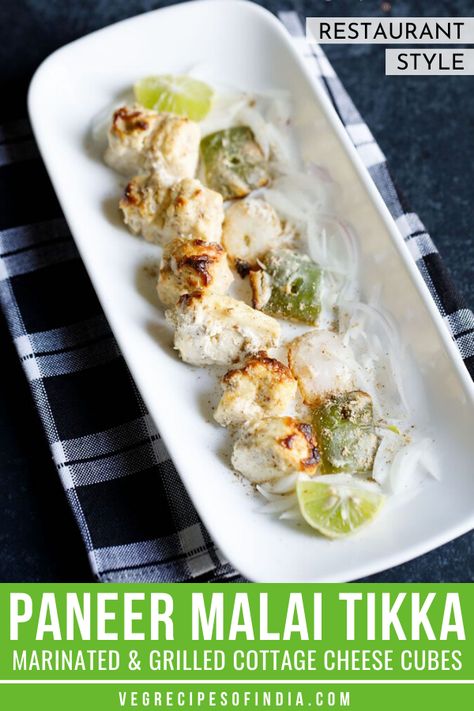 This restaurant style dish for paneer malai tikka is one that is easily made at home. This version of paneer tikka has a mild and light flavor as compared to other versions of the dish. This marinated and grilled paneer is baked or grilled in the oven but if you don't have an oven then make sure to add some besan or rice flour to the marinade. Try this delicious easy recipe for paneer malai tikka today! #paneer #vegetarian #dinner #NorthIndianfood #Punjabi #glutenfree Malai Paneer Tikka Recipe, Paneer Marinade Recipe, Paneer Malai Tikka Recipe, Paneer Grill Recipe, Malai Paneer Tikka, Malai Tikka Recipe, Marinated Paneer, Malai Tikka, Grilled Paneer