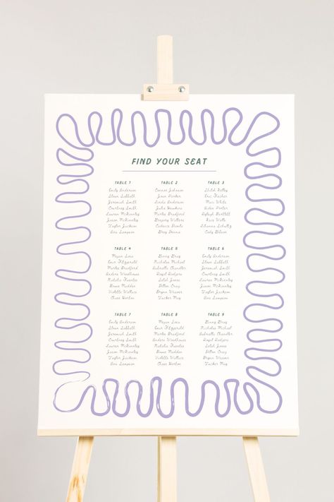 Big Wavy Border Wedding Reception Seating Chart/Reception Signage/Table Plan Layout. These printable templates are completely customizable and come in multiple sizes to fit a variety of needs! Add a bit of whimsey to your special day with this hand drawn wavy design that will elevate the look of any event you may be planning! #seatingchartsign #tableplantemplate #canvatemplate #receptionsign #editableweddingsigns #heykellystudio #weddingseatingchart Wedding Seating Chart Design, Setting Chart Wedding Ideas, Funky Wedding Seating Chart, Wedding Signage Hand Drawn, Table Seating Chart Wedding Alphabetical, Seating Chart Wedding Handwritten, Handwritten Table Plan, Wedding Reception Seating Chart, Seating Chart Wedding Diy