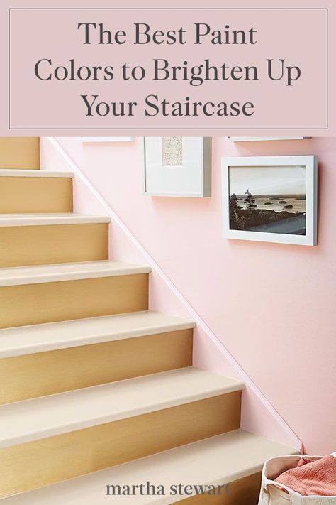 Paint expert-approved paint colors to try on your staircase to help create a light and airy space. From classic white to sky blue and beyond, our experts share their favorite hues for steps and risers. #paintcolors #marthastewart #paintideas #paintcolorideas #bestpaintcolors #homeinspiration Stairwell Paint Colors Stairways, Colorful Staircase Ideas, Staircase Colours Paint Colors, Paint Ideas For Stairway Walls, Accent Wall Staircase Paint Colors, Paint Colors For Stairway Walls, Staircase Wall Color Ideas, Staircase Painting Ideas Wall, Staircase Paint Colors