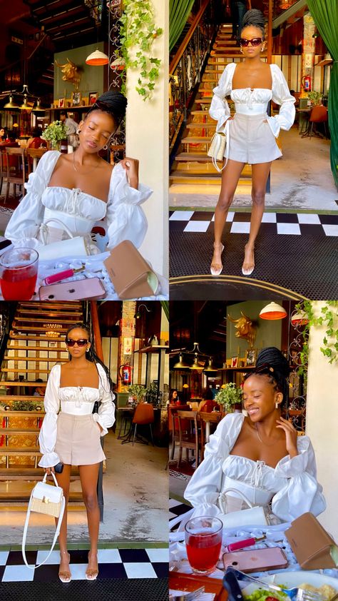 Black woman in luxury Picnic Outfit Shorts, Picnic Outfit Ideas Black Women, Classy Brunch Dress, White Brunch Outfit Classy, Outfits For Petite Black Women, Lunch Date Ideas Outfit, Brunch Black Women Outfit, Brunch Dress Black Women, Picnic Outfits Black Women