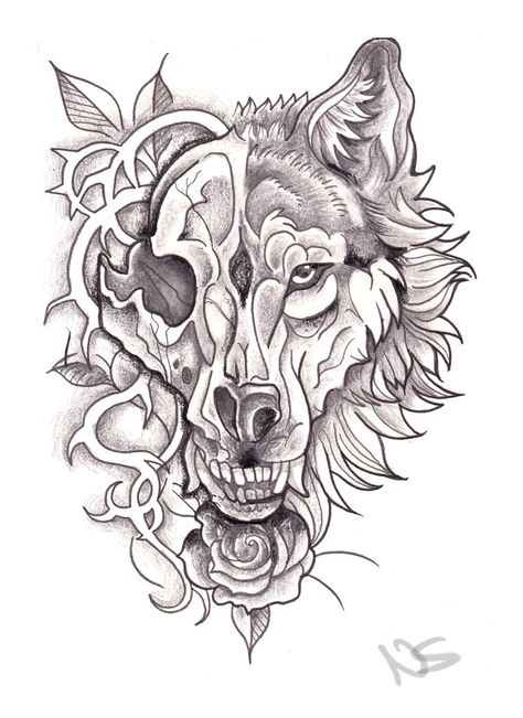 Neo traditional wolf and skull tattoo Werewolf Skull Tattoo, Half Wolf Half Skull Tattoo, Wolf Tattoo Drawing Sketches, Wolf Skull Tattoo Design, Skull Wolf Art, Wolf And Skull Tattoo, Wolf Skull Art, Wolf Skull Drawing, Animal Skull Tattoo Design