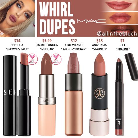 I have another MAC Cosmetics Lipstick dupe to share with you! The next shade up on the dupe list is “Whirl”, a dirty rose ... Whirl Lipstick, Mac Whirl, Matte Make Up, Mac Cosmetics Lipstick, Beauty Make-up, Makeup Guide, Trendy Makeup, Makeup Swatches, Smokey Eyes