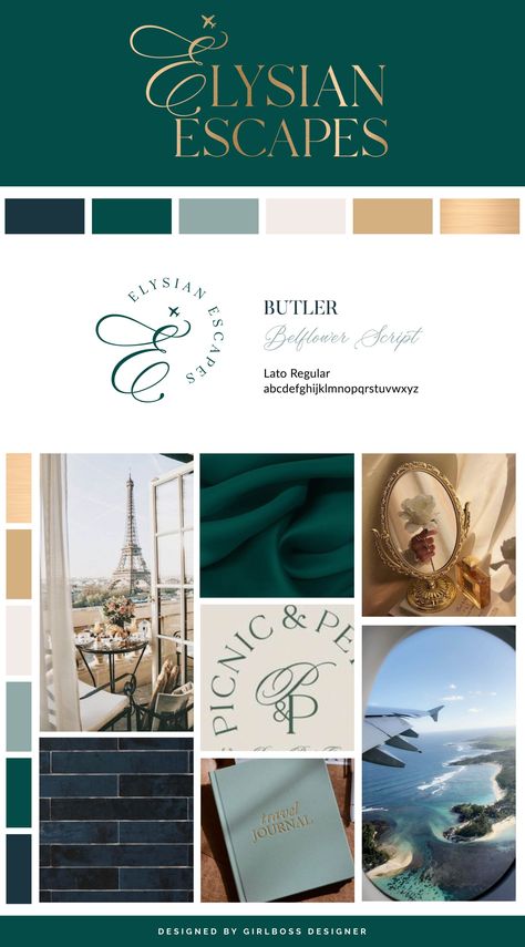 Green Navy Gold Color Palette, Green And Gold Mood Board, Brand Identity Colors Green, Navy Blue And Green Color Palette, Green And Navy Color Palette, Sophisticated Typography, Neutral Branding, Gold Website, Travel Agency Logo