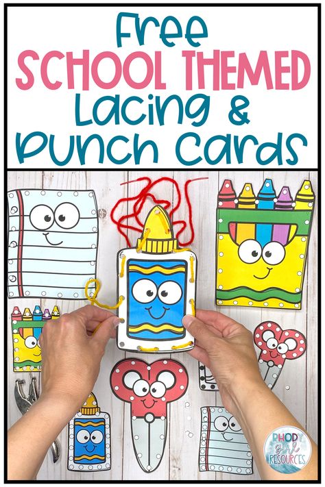 Build fine motor skills with your preschool and kindergarten students using these back to school themed lacing and punch cards. Print and add yarn or a hole punch and this make a great center activity. Preschool Hole Punch Activities, Hole Punch Activities Free Printable, Hole Punch Cards Free Printable, Fine Motor Hole Punch Activities Free, Hole Punch Fine Motor Activity, Push Pin Fine Motor Activities Free, Play Hearts, Subitizing Cards, Subitizing Activities