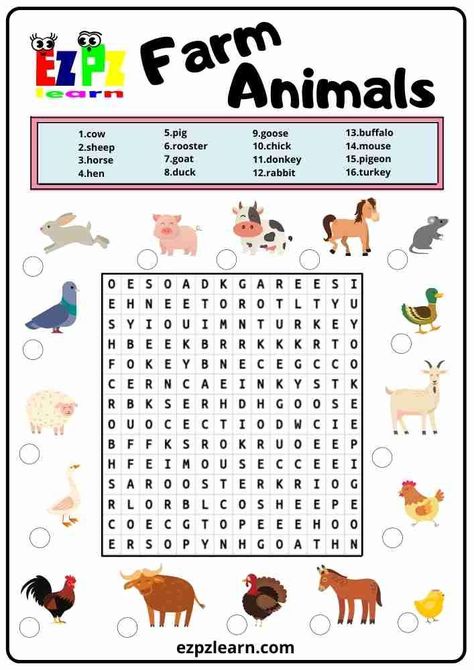 More fun with your teaching with Free Printable Word Search English Vocabulary Worksheets Topic Farm Animals For English Learner High Level ESL teachers using for kindergarten, preschool and so on you can either download or print directly from our website. Food Crossword, Free Printable Word Searches, English Teaching Materials, English Activities For Kids, English Exercises, English Grammar Worksheets, English Games, Word Count, English Worksheets For Kids