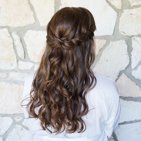 Soft curls with a large braid into a half updo. Perfect for any style wedding. Half Up Bridal Hair, Up Bridal Hair, Bridesmaid Hair Inspo, Prom Hair Medium, Half Up Wedding Hair, Bridesmaid Hair Long, Simple Prom Hair, Bridesmaid Hair Makeup, Graduation Hairstyles