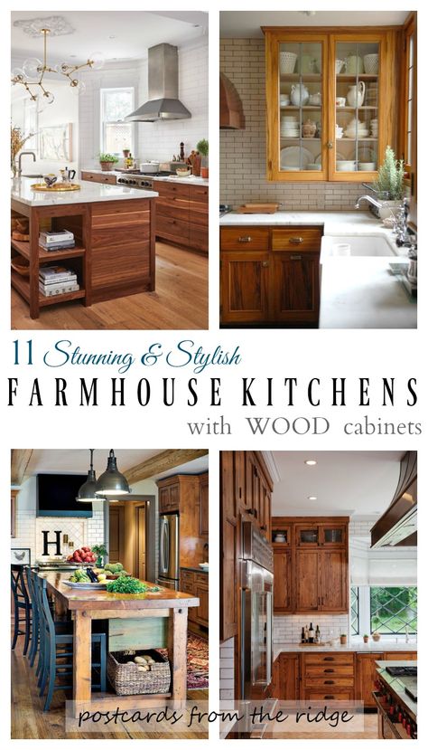 Such gorgeous kitchens and they all have wood cabinets. LOVE! Postcards from the Ridge Farmhouse Kitchen Wood Cabinets, Farmhouse Kitchen With Wood Cabinets, Banquette Design, Dark Wood Kitchen Cabinets, Dark Wood Kitchens, Dark Wood Cabinets, Oak Kitchen Cabinets, Farmhouse Kitchen Cabinets, Wood Kitchen Cabinets