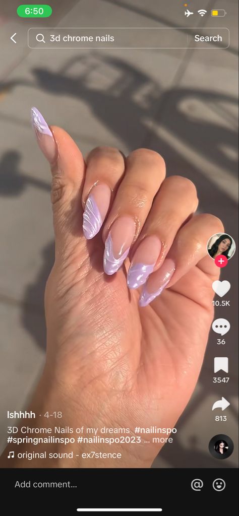 Lilac Nails Acrylic Design, Swirly Chrome Nails, Chrome Wave Nails, Wet Looking Nails, Swirl Chrome Nails, Trippy Almond Nails, Water Ripple Nails, Squiggly French Tip Nails, Purple Ethereal Nails