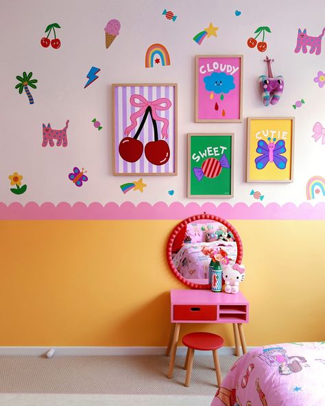 Since I just released a bunch of new posters and decals it’s was only right to makeover a whole new space in Lola’s room for it all 😉 We said goodbye to the retro rainbow wave and hello to something even more fun🌈🎀🍒 Maximalist Toddler Room, Bright Colour Nursery Ideas, Retro Nursery Ideas, Colorful Toddler Room, Kids Rainbow Bedroom, Rainbow Bedroom Ideas Kids, Colourful Kids Bedroom, Colourful Kids Room, Retro Kids Room