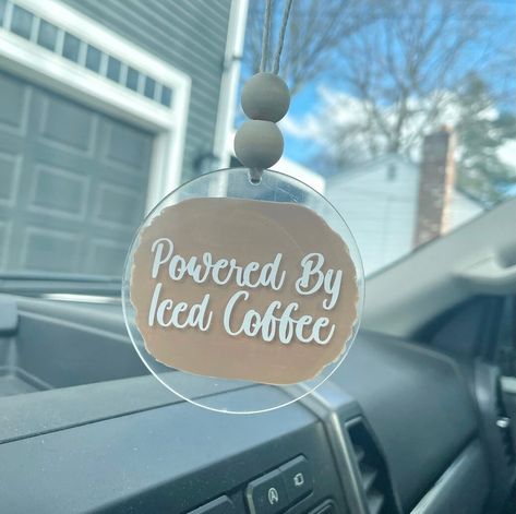 Iced coffee car charm | Rearview mirror decor | car accessory  These car charms are the perfect accessory for any car! These are handmade by me using acrylic, vinyl, paint, white twine, and beads . Each charm is hand painted with whatever color you like, and assembled by hand before shipping. The twine is tied in a unique way that allows for you to adjust the size your car charm. Just gently pull on the sparkly beads and the charm can get shorter or longer.  Make sure to use the drop down box to How To Make Car Charms, Clear Acrylic Crafts, Car Cricut Ideas, Acrylic Vinyl Projects, Resin Car Accessories, Diy Car Charms Rear View Mirror, Review Mirror Car Decorations Diy, Crafts With Vinyl, Cricut Car Charm