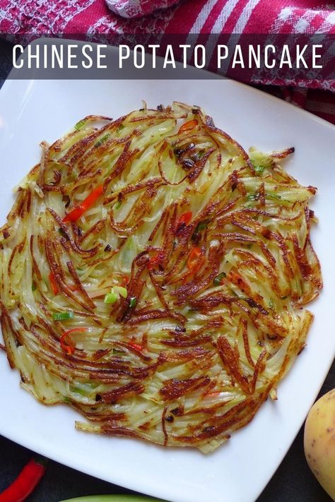 If you love potato and fancy spicy flavour, you must try this Chinese potato pancake! It’s pungent and crispy. A great side dish to add zing to your meal. #redhousespice Asian Potato Pancakes, Chinese Side Dish Recipes, Asian Potato Cakes, Asian Potatoes Side Dishes, Chinese Sides Recipes, Chinese Potato Recipes, Asian Potato Recipes, Chinese Potatoes, Chinese Sides