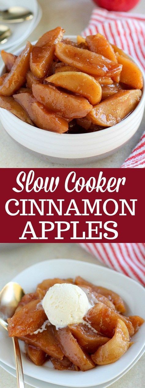 Slow Cooker Cinnamon Apples - An easy recipe for Cinnamon Apples covered in a cider-maple syrup glaze. These sweet and tender apples taste like the inside of an apple pie. Baked Cinnamon Apples Crockpot, Healthy Crockpot Apples, Crock Pot Cinnamon Apples, Crockpot Baked Apples, Slow Cooker Breakfast Casserole, Slow Cooker Baking, Apples Cinnamon, Slow Cooker Apples, Crock Pot Desserts