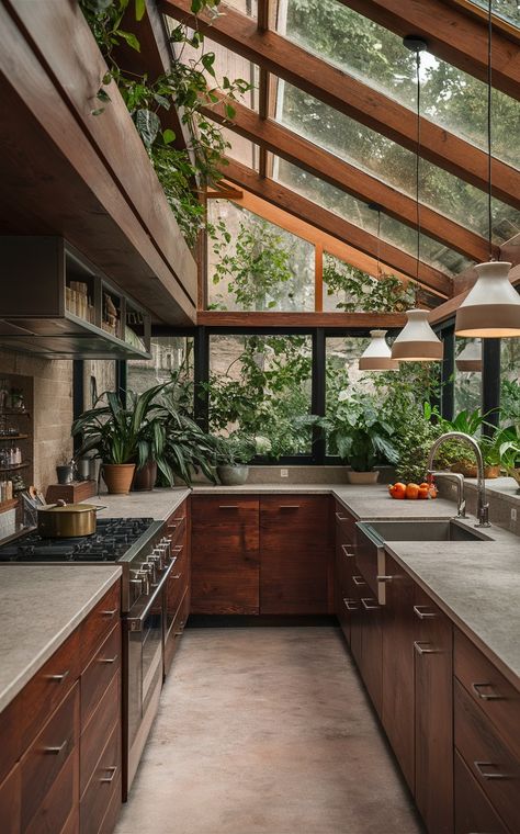 Costa Rican Kitchen Design, Home With Lots Of Plants, Subbasement Design, Interior Design Kitchen Cozy, Entry Into Kitchen Main, Cottagecore Modern Kitchen, Small Kitchen Lots Of Windows, Greenhouse Style Kitchen, Open Plan Cottage Kitchen