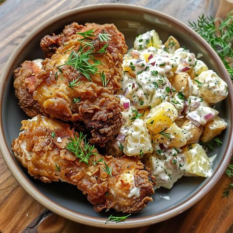 🍗🥔 Savor the summer with Buttermilk Fried Chicken and Summer Potato Salad! #FriedChicken #SummerSalads 🍽️ Buttermilk Fried Chicken with Summer Potato Salad 🛒 Ingredients: For Chicken: 1 kg chicken pieces 2 cups buttermilk 2 cups flour Spices (salt, pepper, paprika) For Potato Salad: 500 grams potatoes, boiled and diced 1/4 cup mayonnaise 1/4 cup mustard 1/2 onion, chopped Salt and pepper to taste Fresh herbs 👩‍🍳 Instructions: Marinate Chicken: Soak chicken in buttermilk overnight. Mix flo... Soul Food Dinner, Makanan Diet, Healthy Food Dishes, Healthy Homemade Recipes, Yummy Comfort Food, Food Recepie, Photo Of The Day, Food Obsession, Interesting Food Recipes