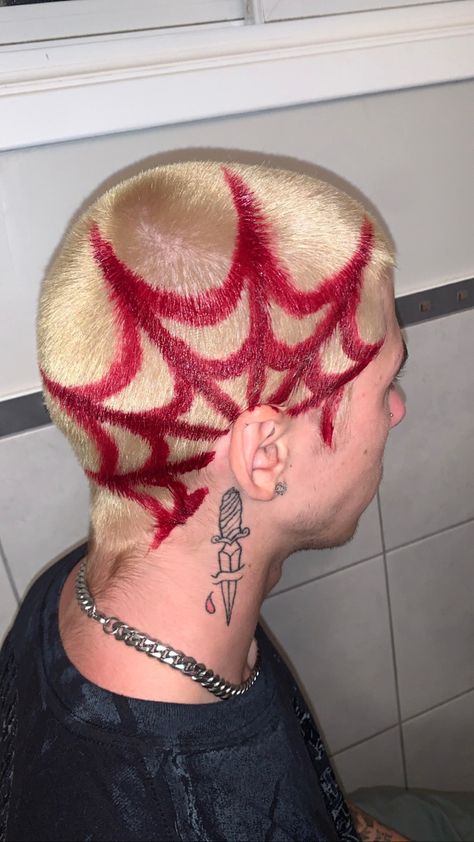 Dyed Hair Designs Shaved Head, Shaves Head Designs, Buzz Colored Hair, Hair Dye Ideas For Buzzcut, Shaved Bleached Hair With Designs, Buzzed Head Design Men, Bleach Head Designs, Buzzed Hair Dye Ideas, Hair Buzz Designs