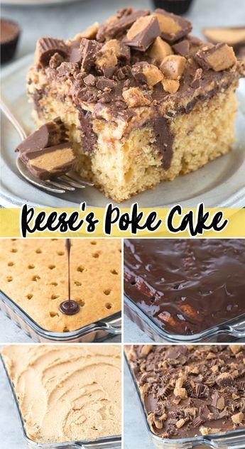 Peanut Butter Chocolate Poke Cake is the ultimate EASY reese’s cake! Start with a yellow cake mix and add peanut butter to make an easy peanut butter cake. Poke holes all over the cake and drizzle with chocolate ganache. Top the cake with peanut butter chocolate frosting and chopped reese’s cups. #pokecake #peanutbutterchocolatepokecake #reesescake #reesespokecake Reese Poke Cake Recipes, Poke Hole Cakes, Reese Cup Birthday Cake, Reese Peanut Butter Cake Recipe, Peanut Butter Poke Cake Reeses, Peanut Butter Cake Chocolate Frosting, Peanut Butter Birthday Dessert, Peanut Butter Cup Birthday Cake, Candy Bar Poke Cake