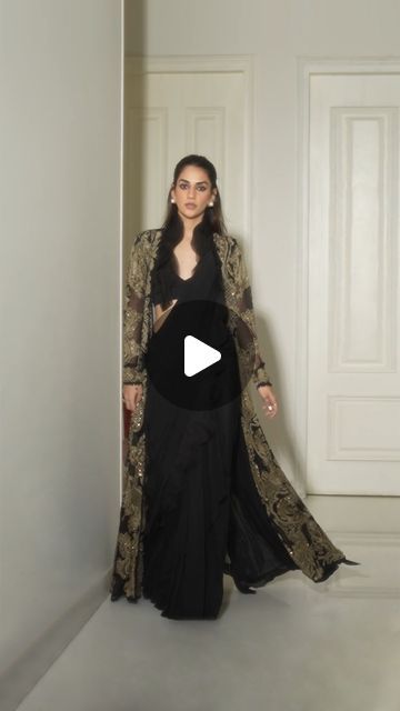 Saree With Jacket, Ridhima Bhasin, Drape Saree, Ruffle Collar, Black Jacket, Muse, Saree, Collar, How To Wear