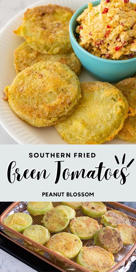 Southern Fried Green Tomatoes {Oven or Air Fryer} Southern Fried Green Tomatoes, Weekend Snacks, Homemade Pimento Cheese, Peanut Blossoms, Peanut Gallery, Tropical Desserts, Hot Appetizers, Family Projects, Family Tips