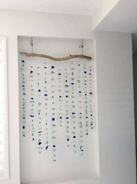 Simple Beach Bathroom Ideas, Sea Glass Art Installation, Sea Glass Curtain, Sea Glass Room Decor, Diy Ocean Decor Sea Theme Wall Art, Sea Glass Wall Hanging, Sea Glass Home Decor, Nautical Seaglass Art, Seaglass Home Decor