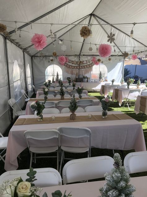 Winter ONEderland Birthday Party Party Under Carport, Rustic 18th Birthday Party Ideas, Pergola Party Decorating Ideas, How To Decorate A Tent For A Party, Backyard Sweet 16 Party Ideas Tent, Grad Party Tent Decorations, Birthday Party Set Up Ideas Layout, Outside Tent Party Ideas, Birthday Tent Decorations